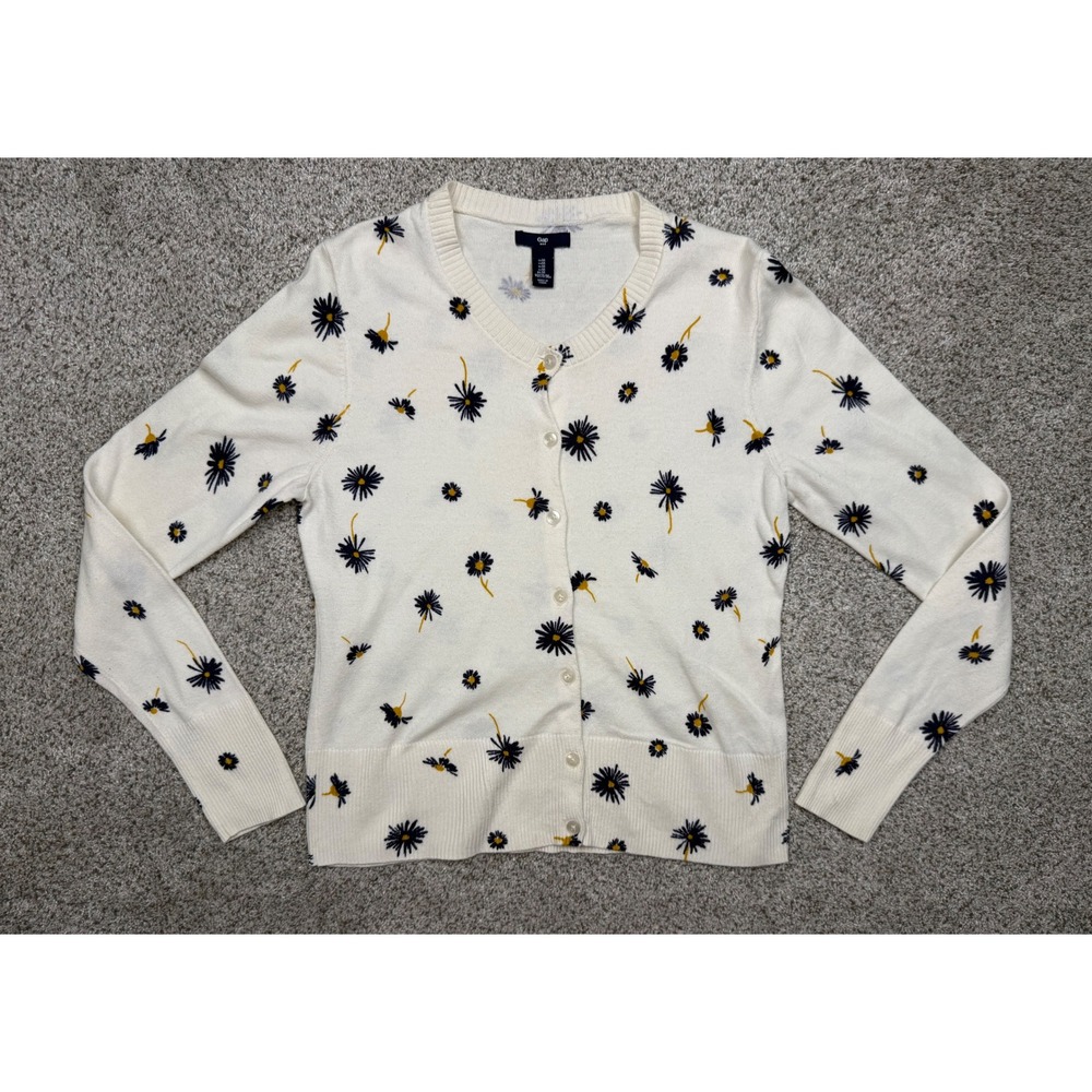 Gap Cardigan Sweater Daisy Floral Embroidered Size M Cream Navy White Button Up